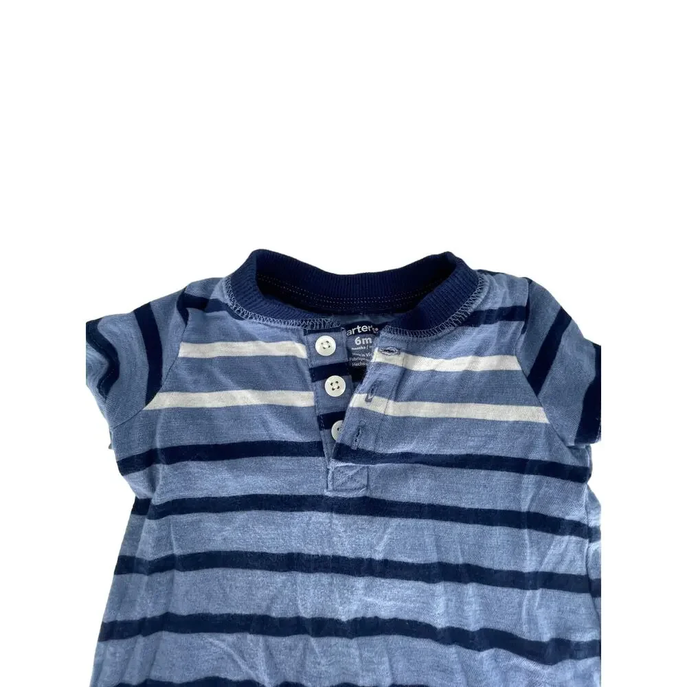 Carter's Blue Striped Short Sleeve One-Piece Slub Henley Baby Boys 6 Months